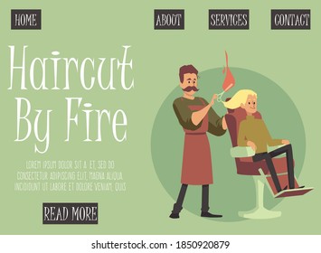 Cartoon character of barber with flaming scissors and client sitting in chair. Haircut by fire in barbershop or beauty salon. Flat vector illustration. Landing page template.