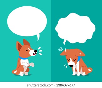 Cartoon character basenji dog expressing different emotions with speech bubbles for design.