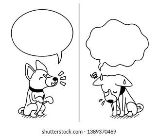Cartoon character basenji dog expressing different emotions with speech bubbles for design.