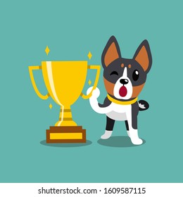 Cartoon character basenji dog with gold trophy cup award for design.
