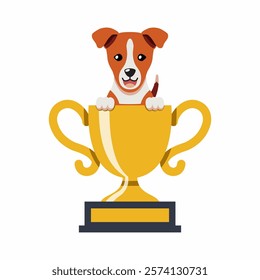 Cartoon character basenji dog with gold trophy cup award for design.