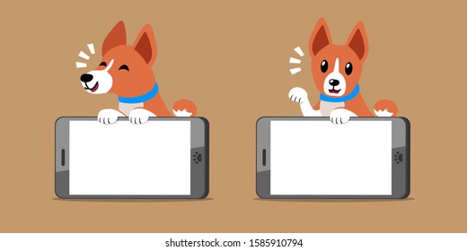 Cartoon character basenji dog and smartphones for design.