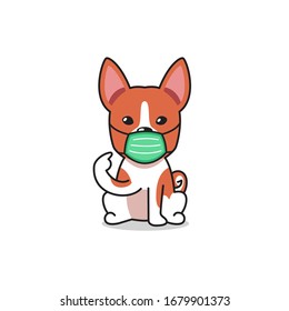 Cartoon character basenji dog wearing protective face mask for design.