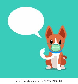 Cartoon character basenji dog wearing protective face mask with speech bubble for design.
