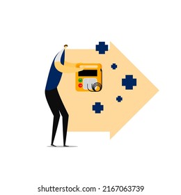 A cartoon character for basic life support, an AED holder by a provider for CPR resuscitation. 