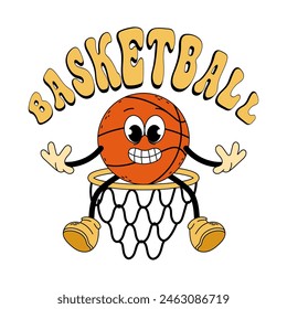 Cartoon character of basketball ball in hoop in flat style. Basketball. Trendy retro style groovy basketball character. 