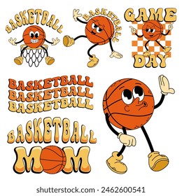 Cartoon character of basketball ball in retro style. Set of illustrations in flat style. Basketball. Funny trendy retro style groovy basketball character. Lettering, game day.