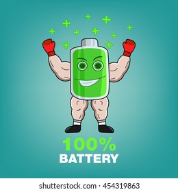 Cartoon character of a battery with muscular arms 100% power