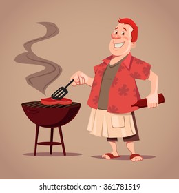 cartoon character, BBQ, chef, outdoor, rest, man cooking meat, vector illustration