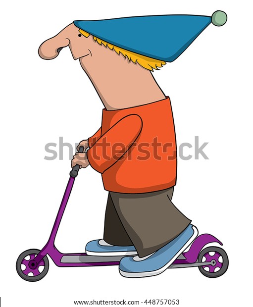 Cartoon character with beanie and big nose on a kick scooter