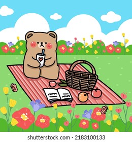 cartoon character bear picnic at flower garden, flat illustration vector