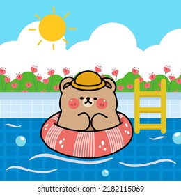 cartoon character bear swimming with rubber ring in the pool on summer season, flat illustration