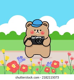 cartoon character bear travel at garden and holding camera for take a photo, flat illustration