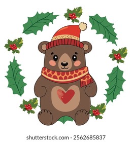 Cartoon Character of Bear Wearing Beanie with Scarf Surrounded by Holly Berry on White Background for Merry Christmas.