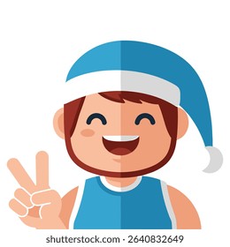 A cartoon character with a beard and blue nightcap smiles and gives a peace sign.