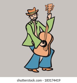 Cartoon character beard man playing guitar