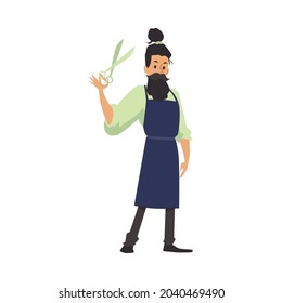 Cartoon character of bearded barber in an apron and with scissors in his hand. Hairdresser works in hair salon or barbershop. Flat vector illustration isolated on white background.