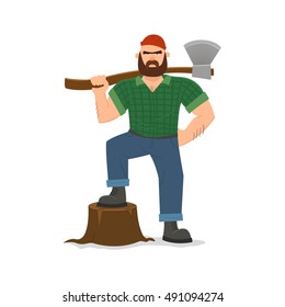 Cartoon character, bearded lumberjack man standing with big axe