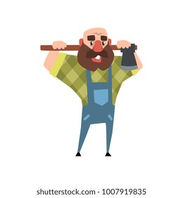 Cartoon character of bearded man with axe. Funny bald woodcutter. Smiling man in blue coveralls and green checkered shirt. Colorful flat vector design