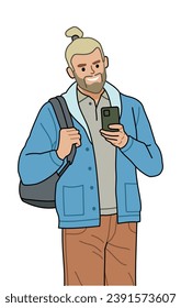 Cartoon character, a bearded man in a jacket and with a backpack use cellphone (chatting, surfing internet). Boy holding mobile phone in hands. Flat graphic vector illustration isolated on white
