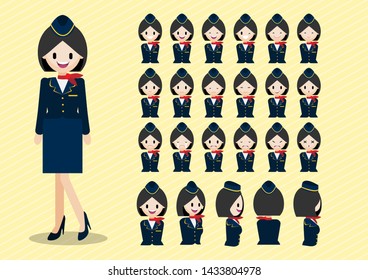 Cartoon Character With Beautiful Air Hostess, Lady Head Vector Set. Front, Side, Back View. Flat Vector. Flat Vector Illustration.