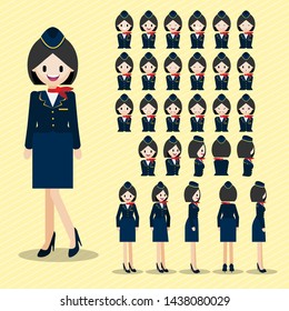 Cartoon Character With Beautiful Air Hostess, Lady Head Vector Set. Front, Side, Back View. Flat Vector. Flat Vector Illustration.