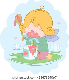 Cartoon character of beautiful cute fairy eating strawberry jam sitting on a lily leaf. Vector illustration