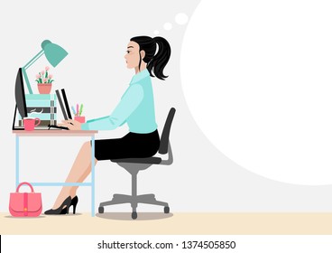 Cartoon character, Beautiful employee lady working with computer in office area thinking about success in process job, smart worker. Vector illustration