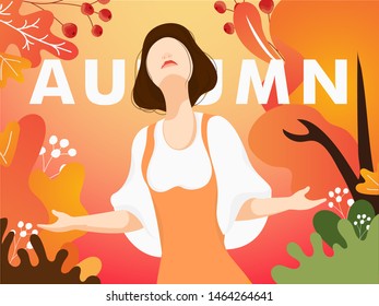 Cartoon character of beautiful girl enjoying season of Hello Autumn. Can be used as poster or greeting card design.