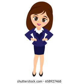 Cartoon character of a beautiful young business woman standing in stylish pose.