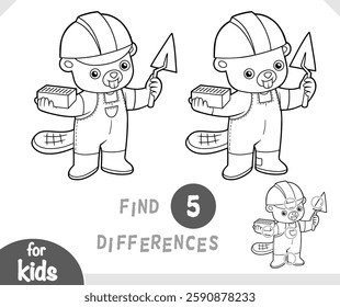 Cartoon character Beaver builder, Find differences educational game for children. Black and white activity worksheet