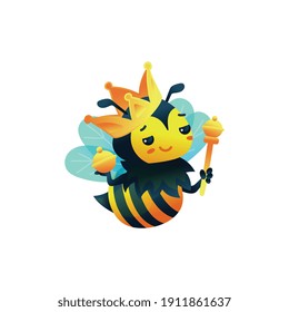 Cartoon character of bee queen in gold crown, flat vector illustration isolated on white background. Honey bee insect mascot or personage for honey products.