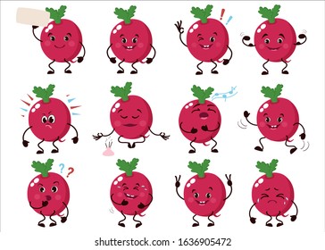 Cartoon character beetroot. Cute animation set. Vector illustration.