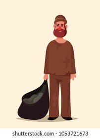 Cartoon Character. Beggar with Bag. Vector Illustration