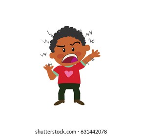 Cartoon character black boy angry; isolated vector illustration.
