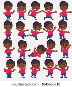 Cartoon character black boy in jeans. Set with different postures, attitudes and poses, doing different activities in isolated vector illustrations.