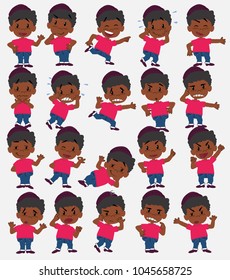 Cartoon character black boy in jeans. Set with different postures, attitudes and poses, doing different activities in isolated vector illustrations.