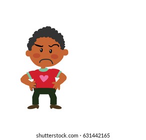 Cartoon character black boy serious; isolated vector illustration.