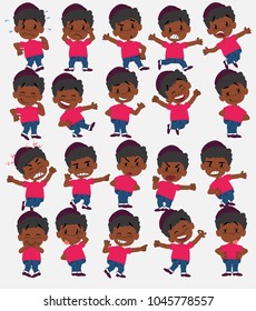 Cartoon character black boy. Set with different postures, attitudes and poses, doing different activities in isolated vector illustrations.
