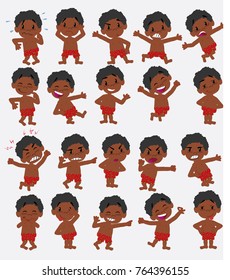 Cartoon character black boy in a swimsuit. Set with different postures, attitudes and poses, doing different activities in isolated vector illustrations.
