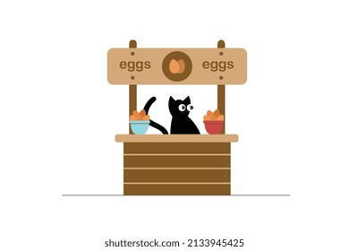 Cartoon character of a black cat selling eggs for Easter evening, white background, vector size for commercial use.