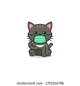 Cartoon character black cat wearing protective face mask for design.