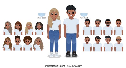 Cartoon character black girl and boy in white shirt and blue jeans smiling. Hairstyle Collection, vector illustration