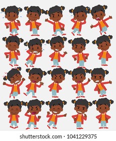 Cartoon character black girl. Set with different postures, attitudes and poses, doing different activities in isolated vector illustrations.