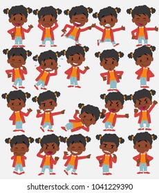 Cartoon character black girl. Set with different postures, attitudes and poses, doing different activities in isolated vector illustrations.