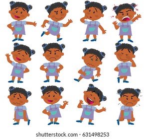 Cartoon character black girl set with different postures, attitudes and poses, doing different activities in isolated vector illustrations.