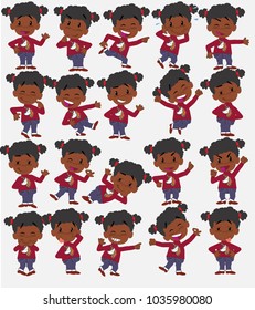 Cartoon character black girl with a unicorn pullover. Set with different postures, attitudes and poses, always in positive attitude, doing different activities in vector vector illustrations.
