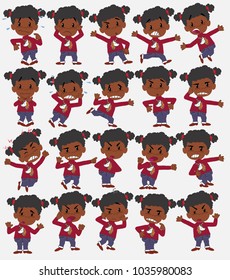 Cartoon character black girl with a unicorn pullover. Set with different postures, attitudes and poses, always in negative attitude, doing different activities in vector vector illustrations.