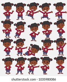 Cartoon character black girl with a unicorn pullover. Set with different postures, attitudes and poses, doing different activities in isolated vector illustrations.