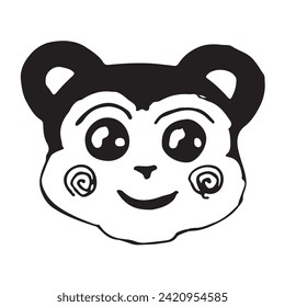 Cartoon character, black head similar to a bear cub on a white background. Freehand drawing in ink in doodle style, vector.